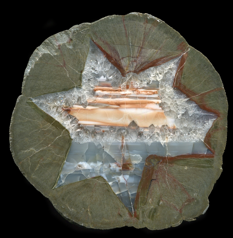 Amazing Black Dome Thunderegg with Agate, Quartz and Orange Opal